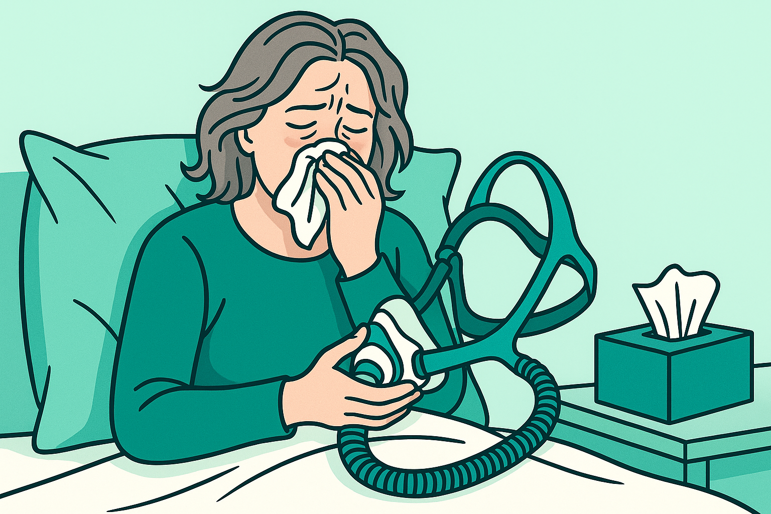 CPAP-Experts Blogue : une femme souffrant d'apnée du sommeil tient son masque CPAP tout en mouchant son nez congestionné