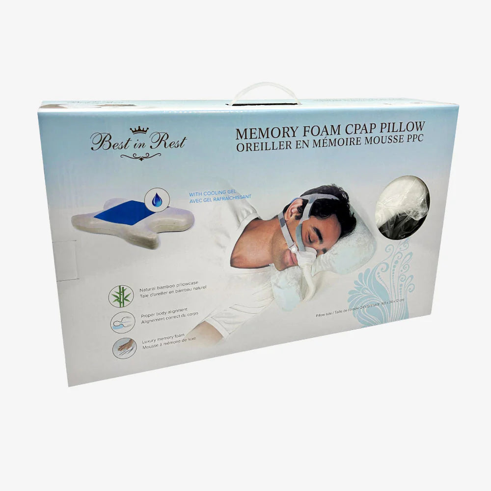 Oreiller CPAP Best in Rest en mousse mémoire avec gel rafraîchissant et découpes contour anti-fuites de masque
